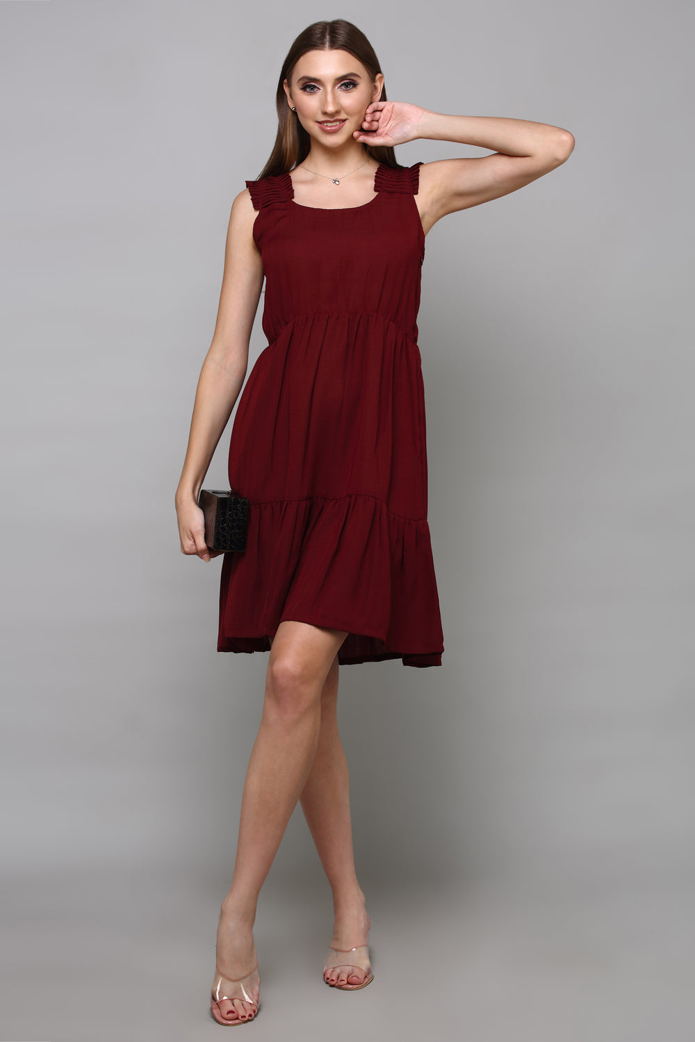 Maroon Scoop-Neck Tiered Dress with Pleated Straps