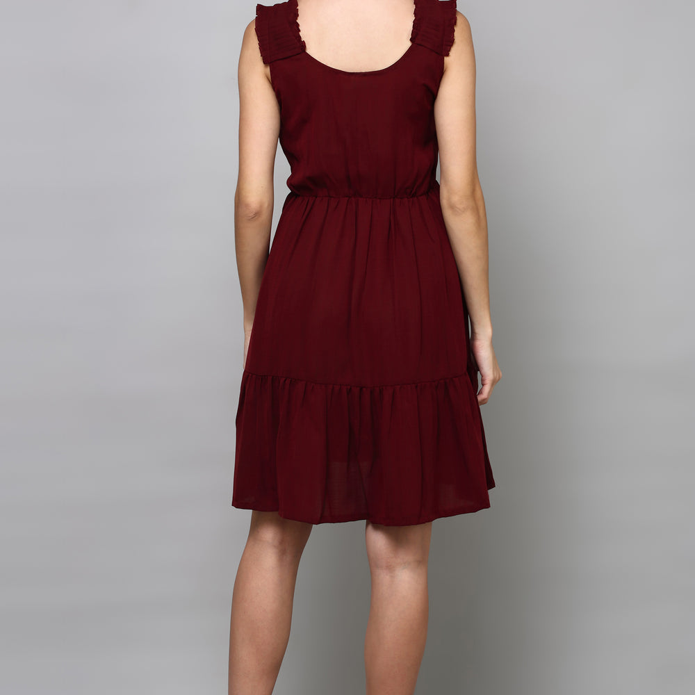
                      
                        Maroon Scoop-Neck Tiered Dress with Pleated Straps
                      
                    
