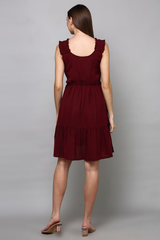 Maroon Scoop-Neck Tiered Dress with Pleated Straps