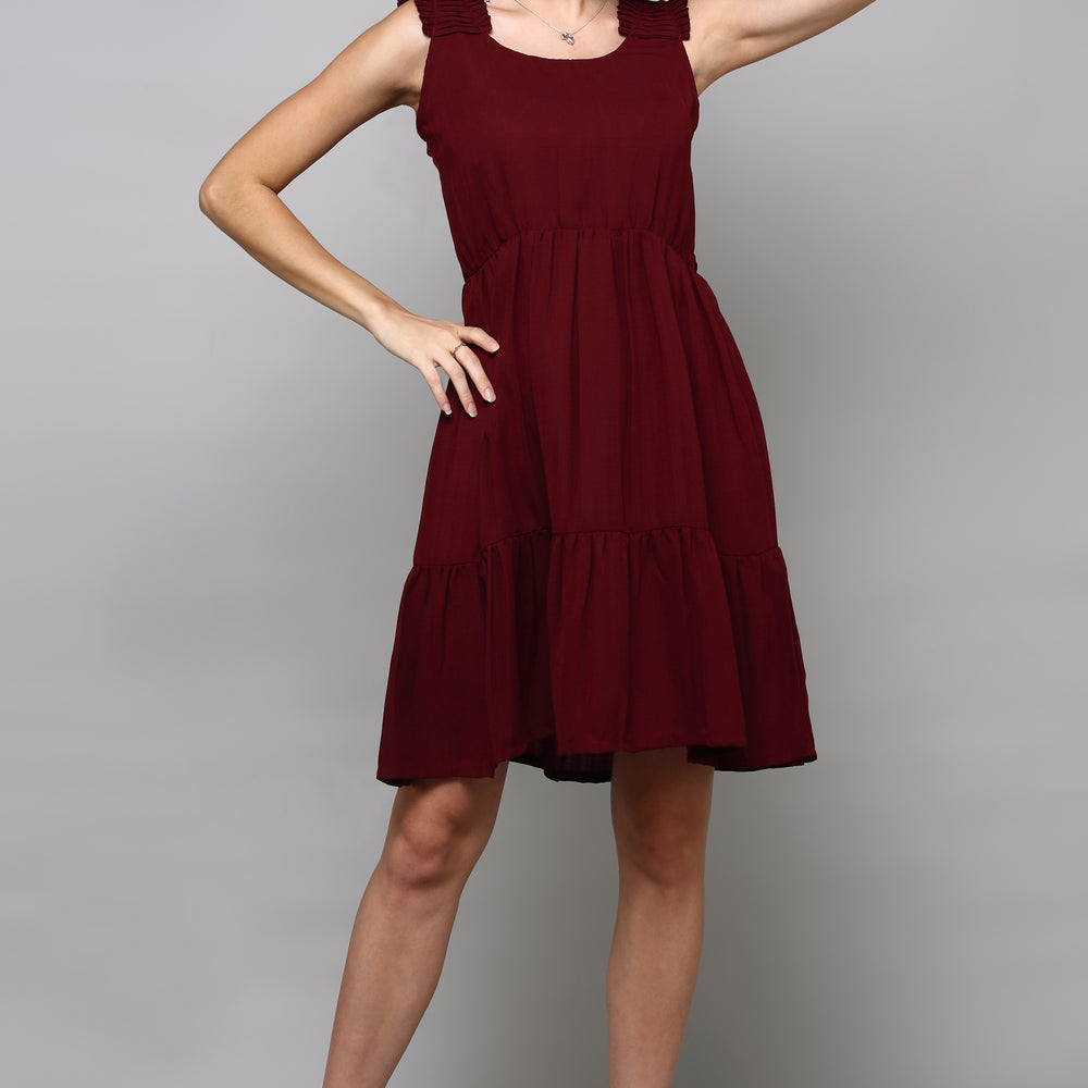 
                      
                        Maroon Scoop-Neck Tiered Dress with Pleated Straps
                      
                    