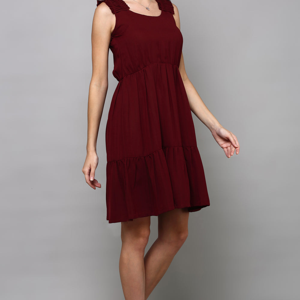 
                      
                        Maroon Scoop-Neck Tiered Dress with Pleated Straps
                      
                    