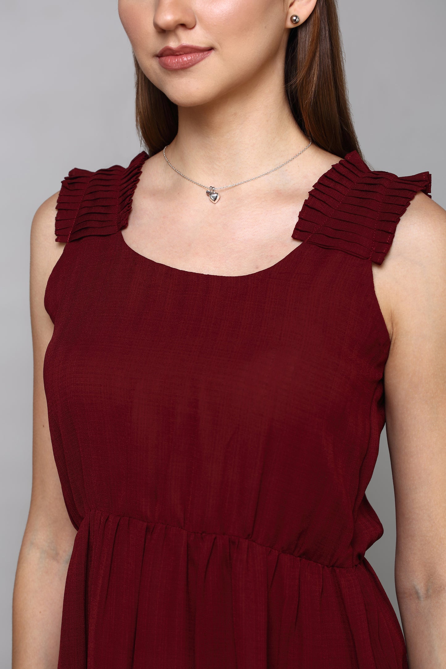 Maroon Scoop-Neck Tiered Dress with Pleated Straps