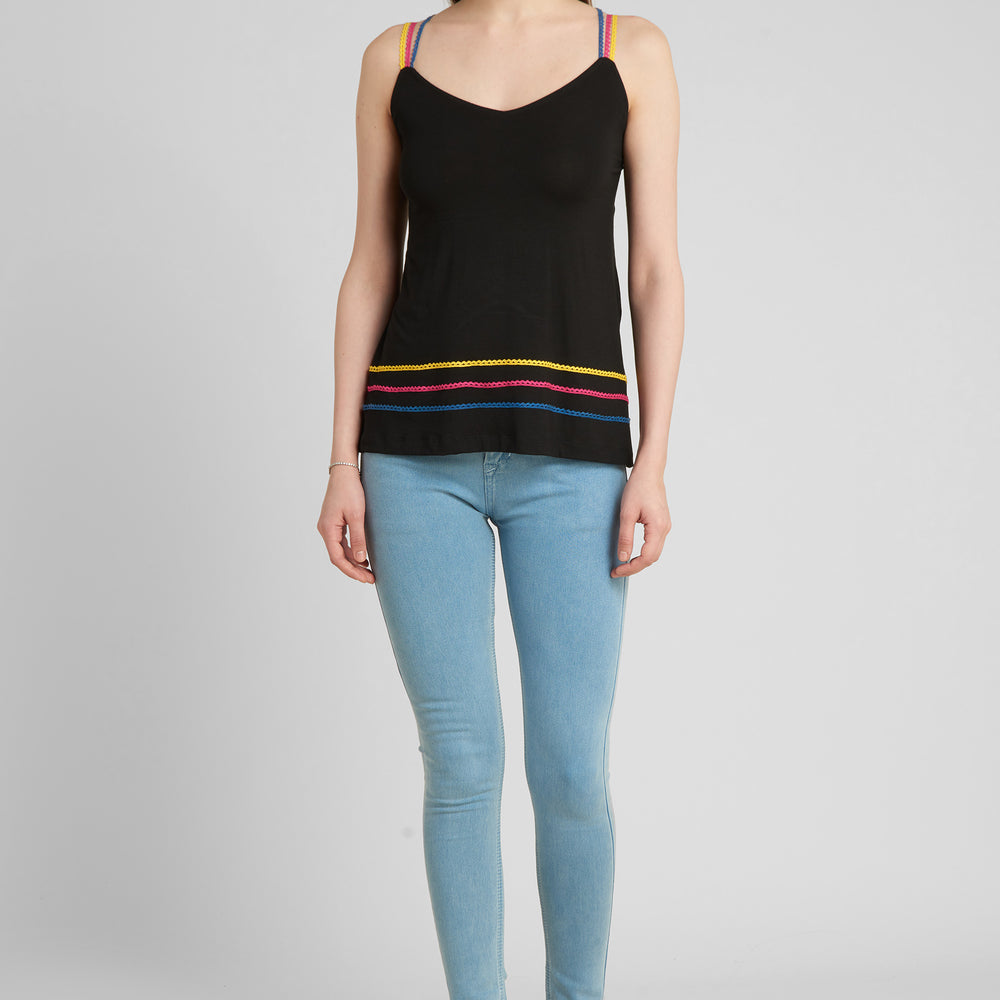 
                      
                        Black strappy top with three colour lace detailing
                      
                    