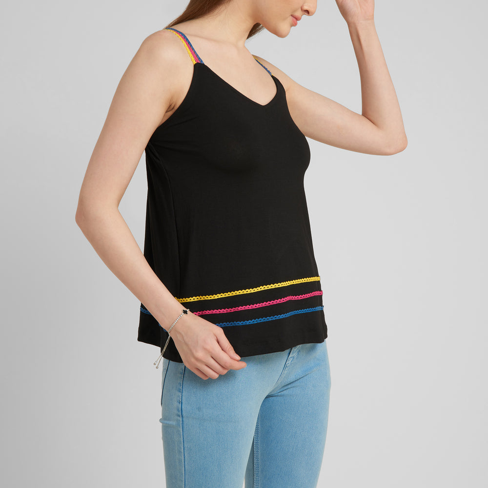 
                      
                        Black strappy top with three colour lace detailing
                      
                    