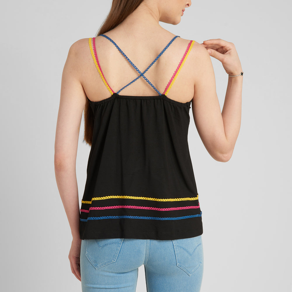 
                      
                        Black strappy top with three colour lace detailing
                      
                    