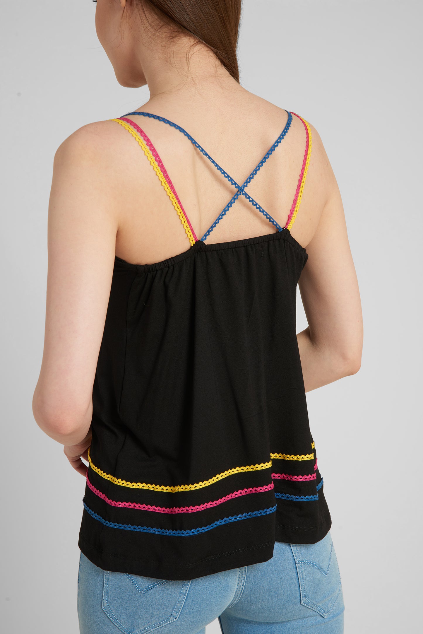 Black strappy top with three colour lace detailing